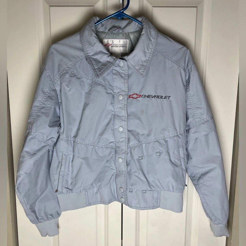 Women’s Vintage Chevrolet Motor Sports Bomber Jacket Size Medium In Sky Blue